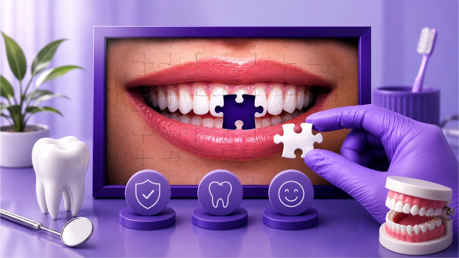 Confident smile dentistry at thedentist.clinic — missing tooth puzzle piece being placed by Dr. Koya Kishore, symbolising the right dental solution.